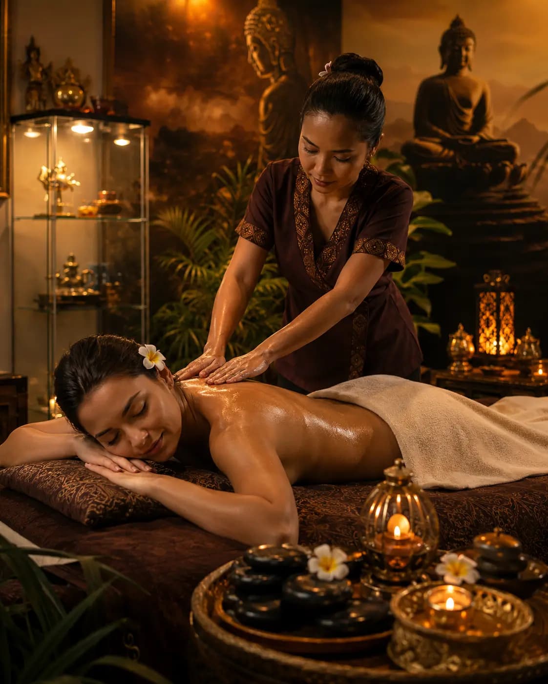 Балийский масляный массаж в зеленом SPA кабинете